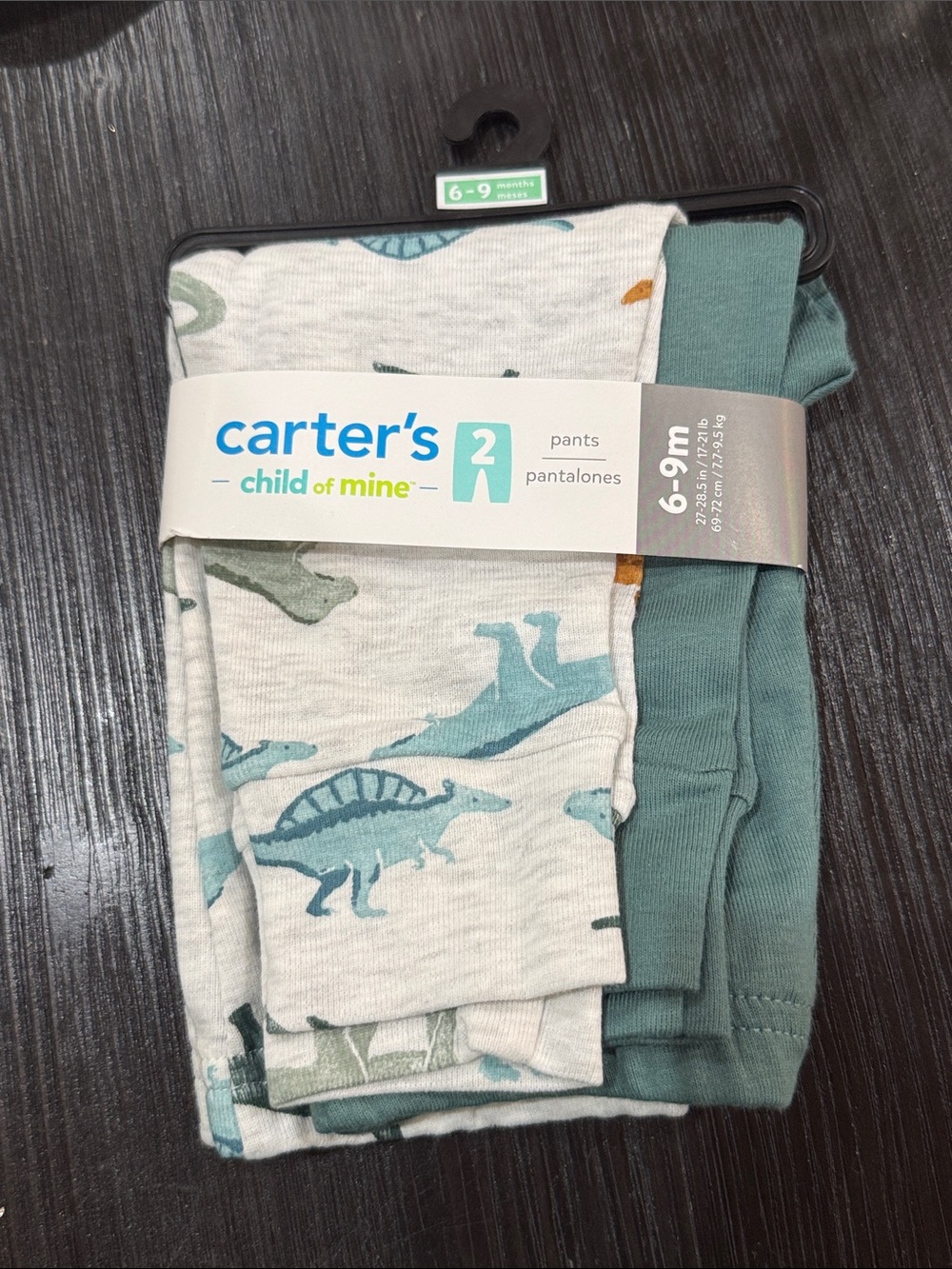 NWT Size 6-9 months Carter's Two-Pack Baby Pants - Teal & Cream Dinosaur Print